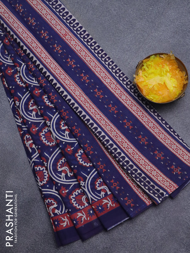 Jaipur cotton saree dark blue with allover kalamkari prints and printed border