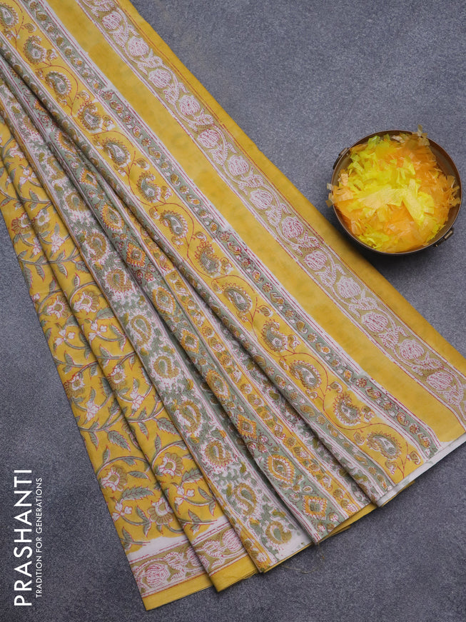 Jaipur cotton saree yellow with allover kalamkari prints and printed border