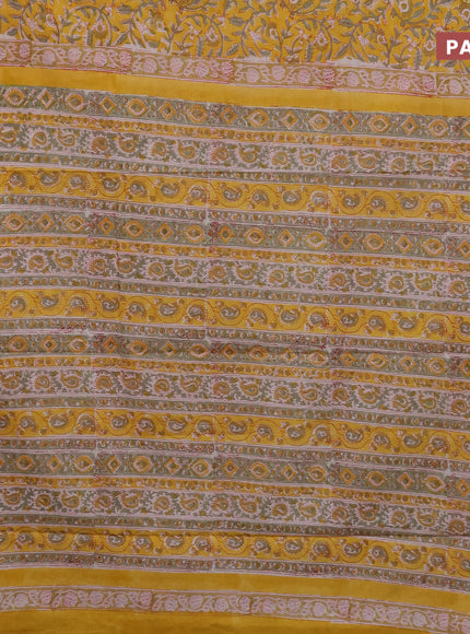 Jaipur cotton saree yellow with allover kalamkari prints and printed border