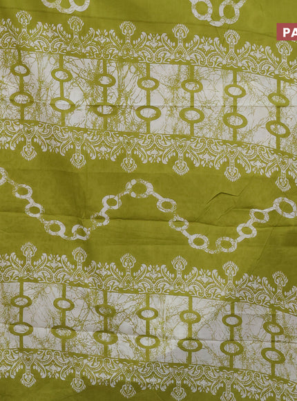 Jaipur cotton saree lime green and off white with allover batik prints and printed border