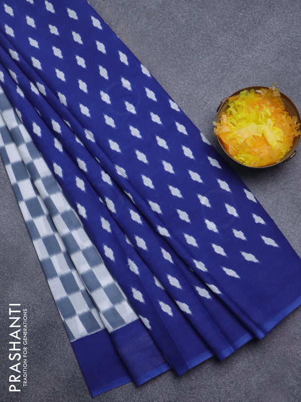 Jaipur cotton saree grey off white and blue with allover prints and ganga jamuna border