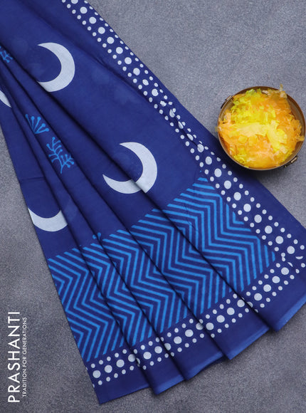 Jaipur cotton saree blue with allover prints and simple border