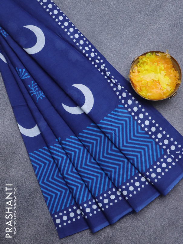 Jaipur cotton saree blue with allover prints and simple border