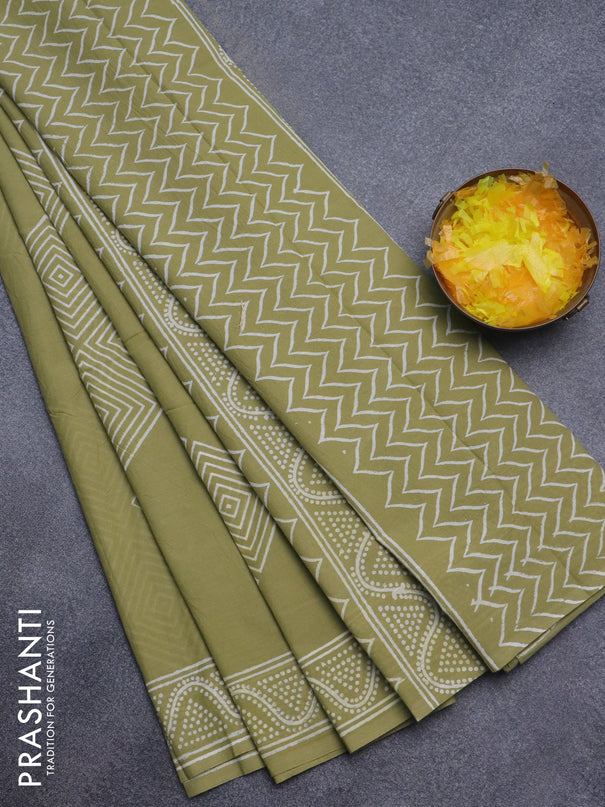 Jaipur cotton saree pista green with geometric prints and printed border