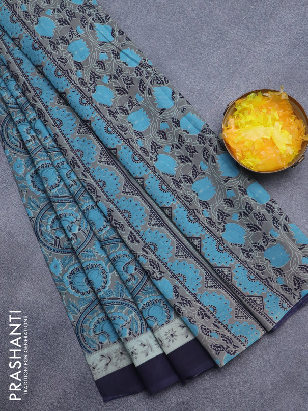 Jaipur cotton saree grey shade and dark navy blue with allover kalamkari prints and simple border