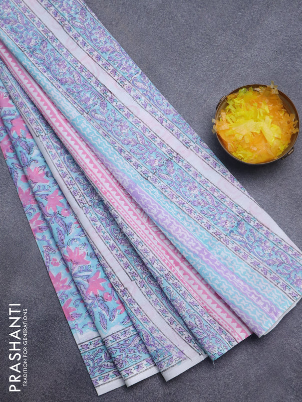 Jaipur cotton saree light blue and off white with allover kalamkari prints and printed border