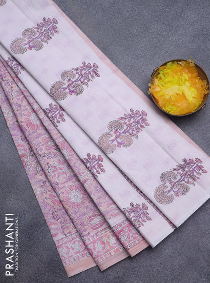 Jaipur cotton saree peach shade and pastel pink with allover kalamkari prints and printed border