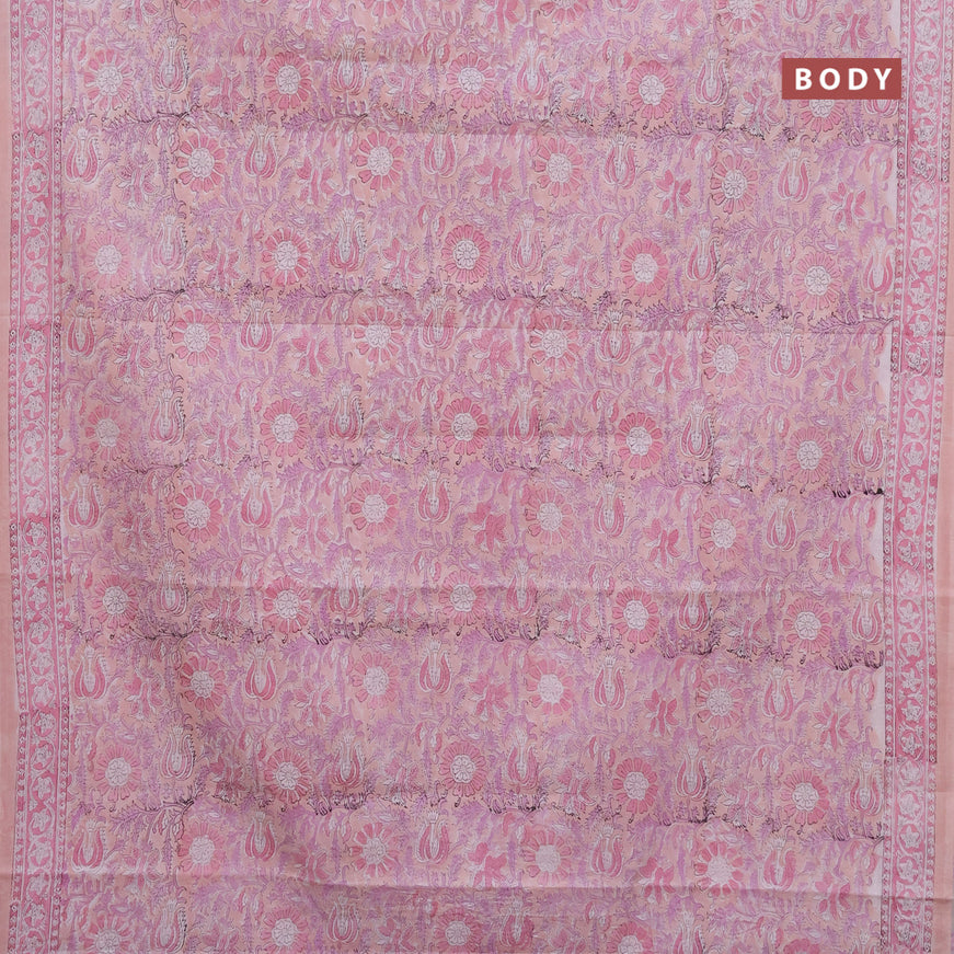 Jaipur cotton saree peach shade and pastel pink with allover kalamkari prints and printed border