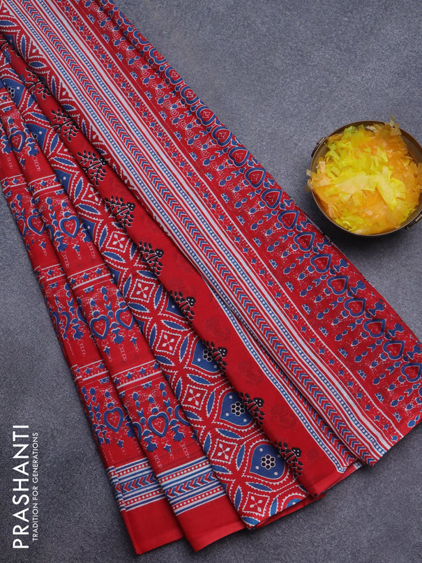 Jaipur cotton saree cs blue and red with floral butta prints and printed border