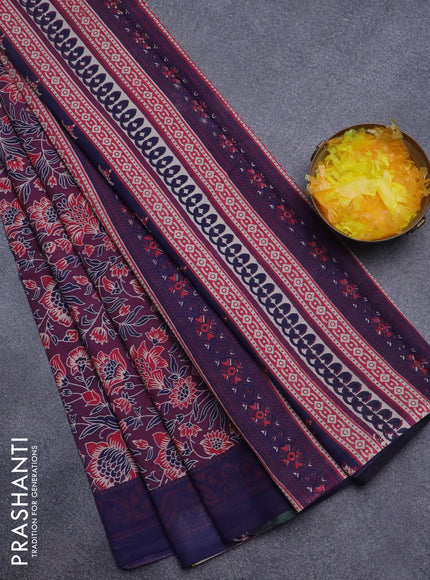 Jaipur cotton saree wine shade and blue with allover kalamkari prints and printed border