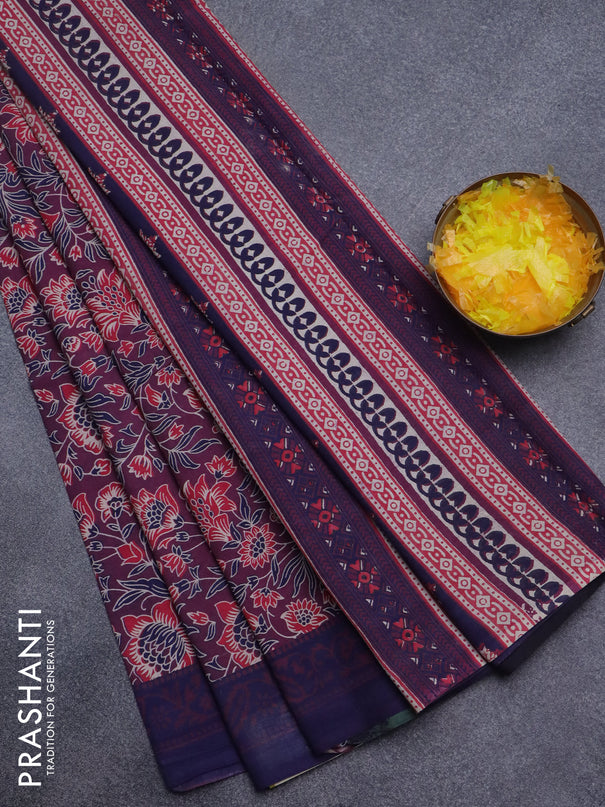 Jaipur cotton saree wine shade and blue with allover kalamkari prints and printed border