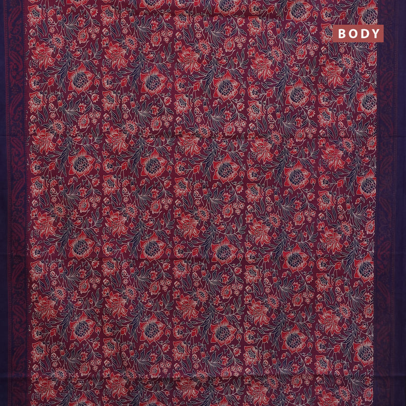 Jaipur cotton saree wine shade and blue with allover kalamkari prints and printed border