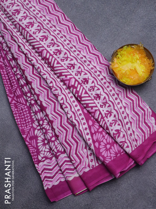 Jaipur cotton saree magenta pink with allover prints and printed border