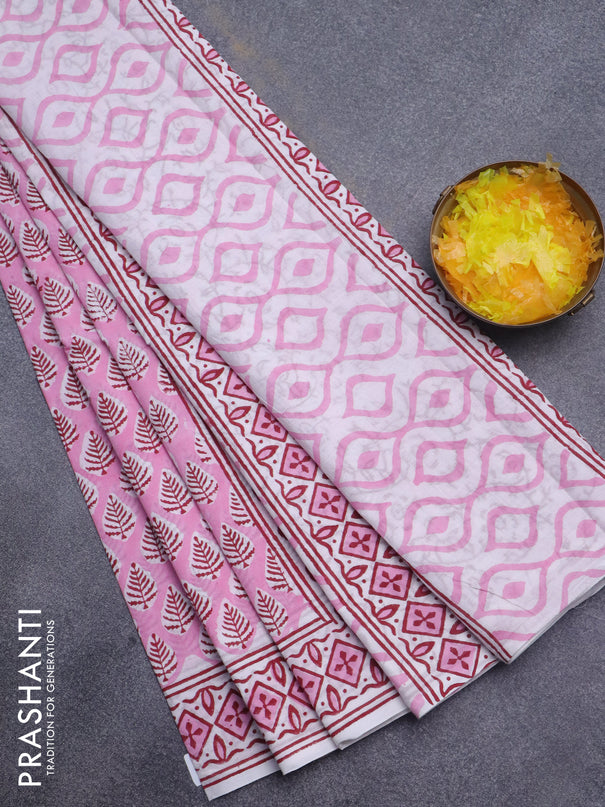 Jaipur cotton saree light pink and off white with butta prints and printed border