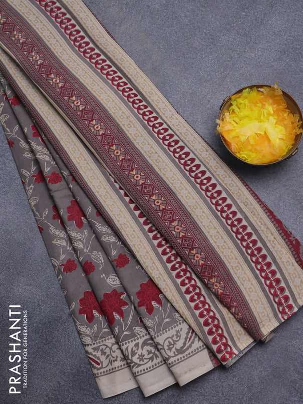 Jaipur cotton saree grey shade and beige with allover kalamkari prints and printed border