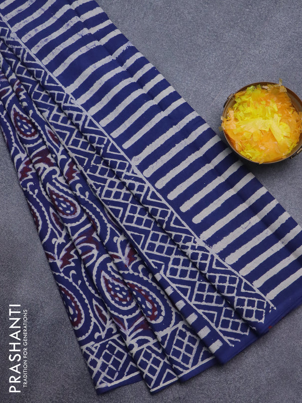 Jaipur cotton saree blue with paisley prints and printed border