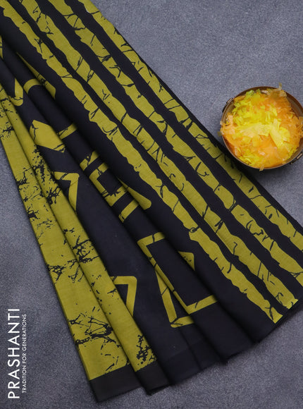 Jaipur cotton saree mehendi green and black with allover prints and simple border