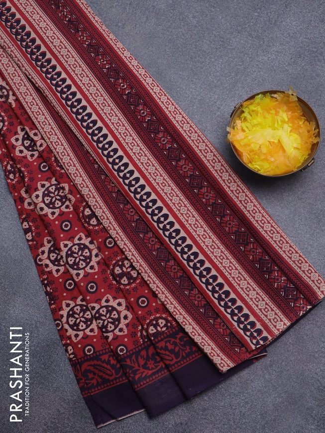 Jaipur cotton saree maroon and blue with ajrakh prints and printed border