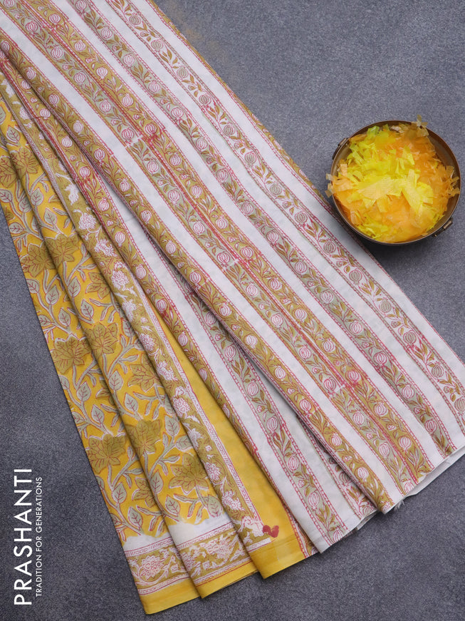 Jaipur cotton saree yellow and off white with allover kalamkari prints and printed border