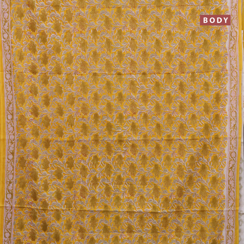 Jaipur cotton saree yellow and off white with allover kalamkari prints and printed border