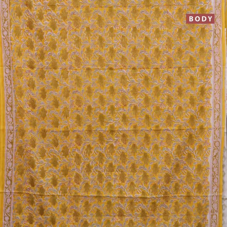 Jaipur cotton saree yellow and off white with allover kalamkari prints and printed border