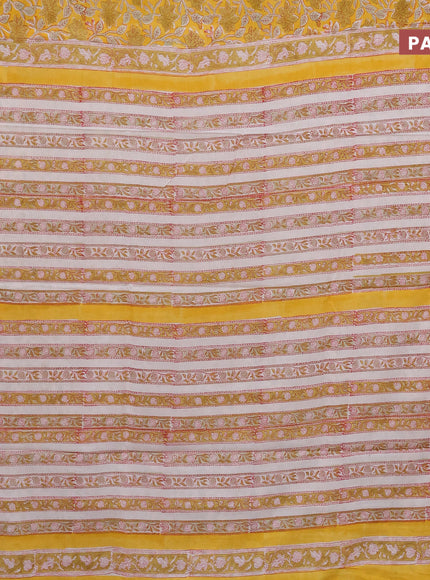 Jaipur cotton saree yellow and off white with allover kalamkari prints and printed border