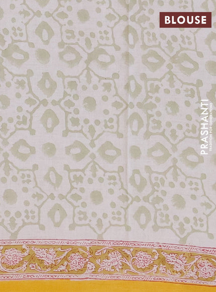 Jaipur cotton saree yellow and off white with allover kalamkari prints and printed border