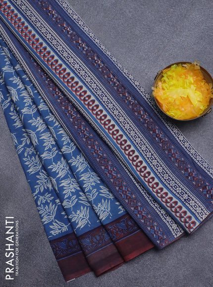 Jaipur cotton saree blue and maroon with allover leaf prints and printed border