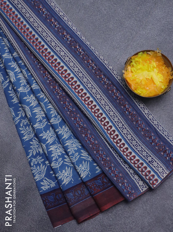 Jaipur cotton saree blue and maroon with allover leaf prints and printed border