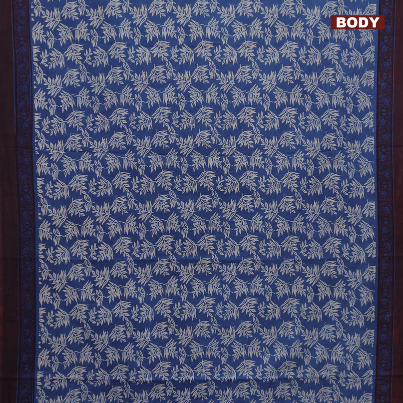 Jaipur cotton saree blue and maroon with allover leaf prints and printed border