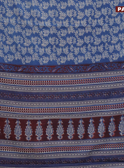 Jaipur cotton saree blue and maroon with allover leaf prints and printed border