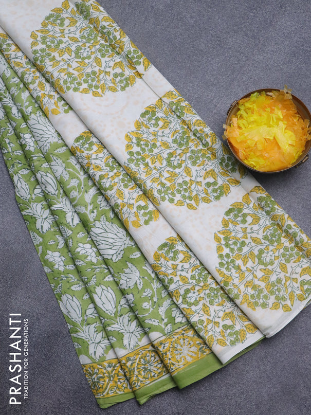 Jaipur cotton saree light green with allover prints and printed border