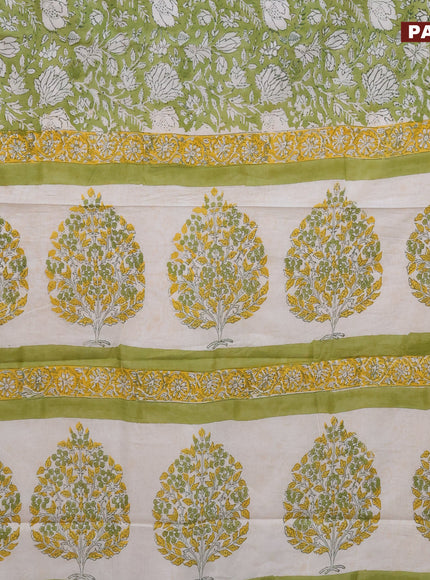 Jaipur cotton saree light green with allover prints and printed border