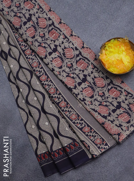 Jaipur cotton saree grey and navy blue with allover prints and printed border