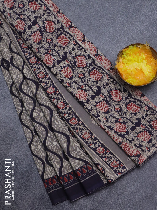 Jaipur cotton saree grey and navy blue with allover prints and printed border