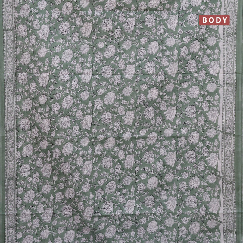 Jaipur cotton saree pastel green with allover kalamkari prints and printed border