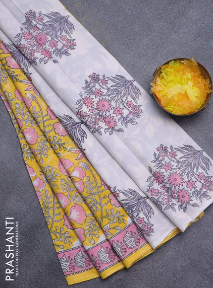 Jaipur cotton saree yellow and light pink with allover kalamkari prints and printed border