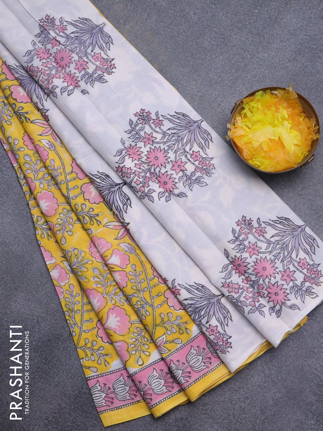 Jaipur cotton saree yellow and light pink with allover kalamkari prints and printed border