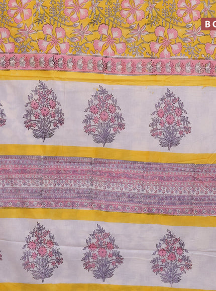 Jaipur cotton saree yellow and light pink with allover kalamkari prints and printed border