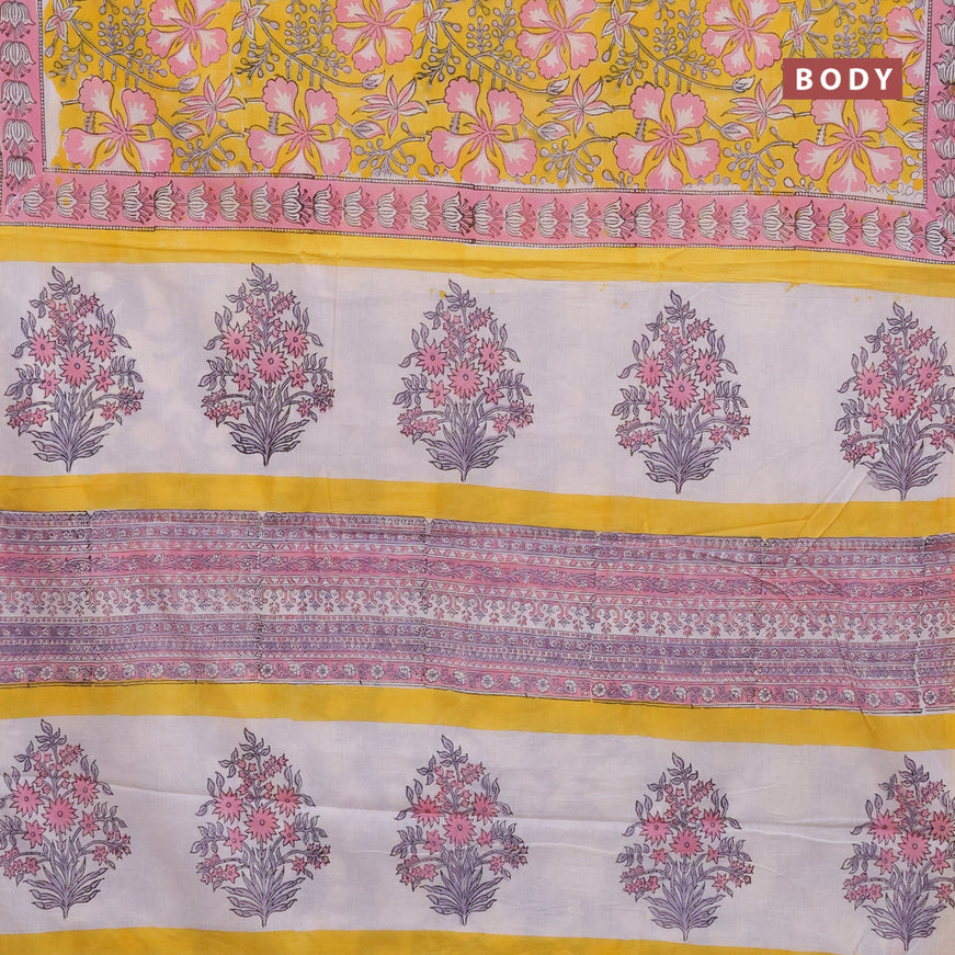 Jaipur cotton saree yellow and light pink with allover kalamkari prints and printed border