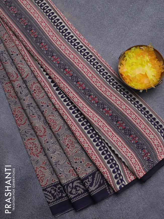 Jaipur cotton saree grey shade and navy blue with allover kalamkari prints and printed border