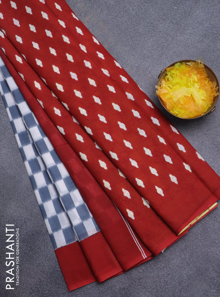 Jaipur cotton saree grey off white and red with geometric prints and ganga jamuna border