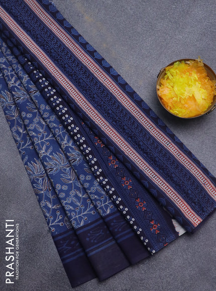 Jaipur cotton saree blue and dark blue with allover kalamkari prints and printed border