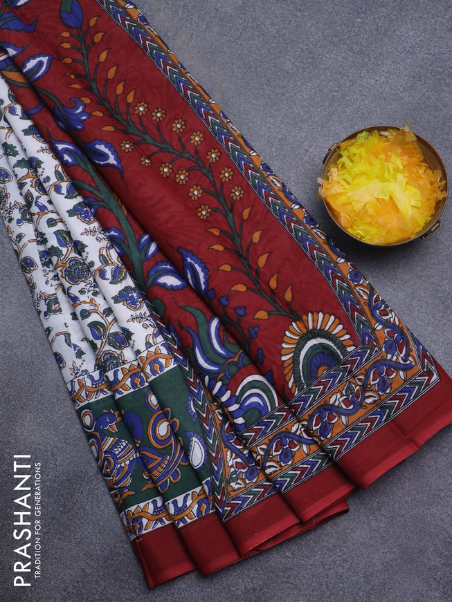 Jaipur cotton saree off white and maroon with allover kalamkari prints and simple border