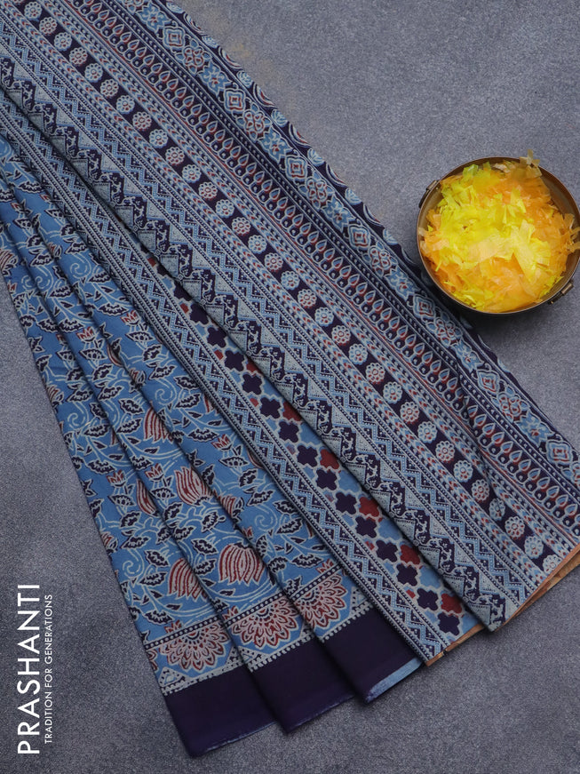 Jaipur cotton saree blue and navy blue with allover kalamkari prints and printed border