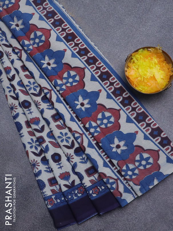 Jaipur cotton saree beige and navy blue with allover prints and printed border