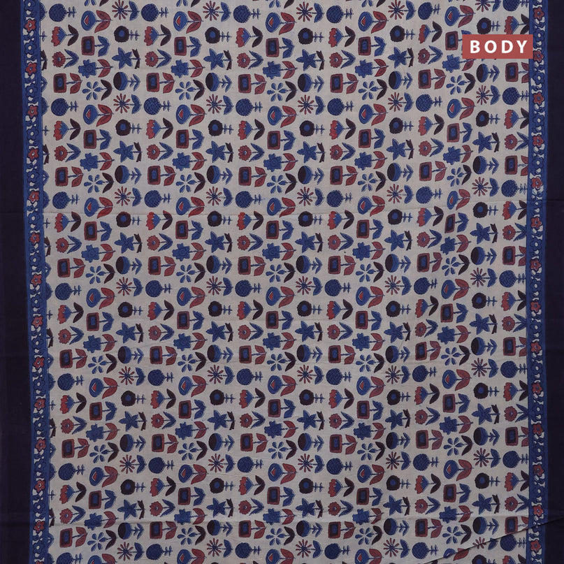 Jaipur cotton saree beige and navy blue with allover prints and printed border