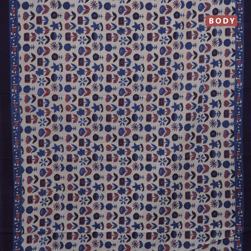 Jaipur cotton saree beige and navy blue with allover prints and printed border