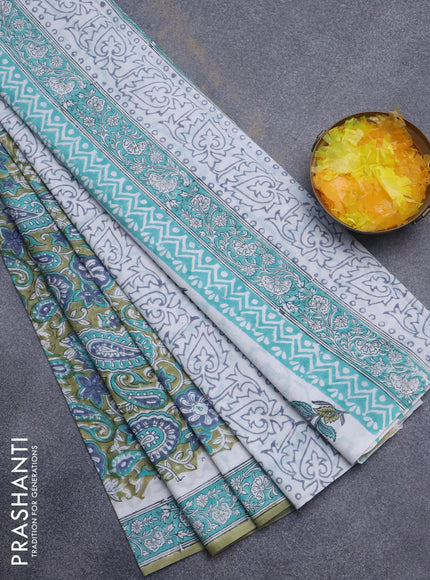 Jaipur cotton saree mehendi green and off white with allover kalamkari prints and printed border