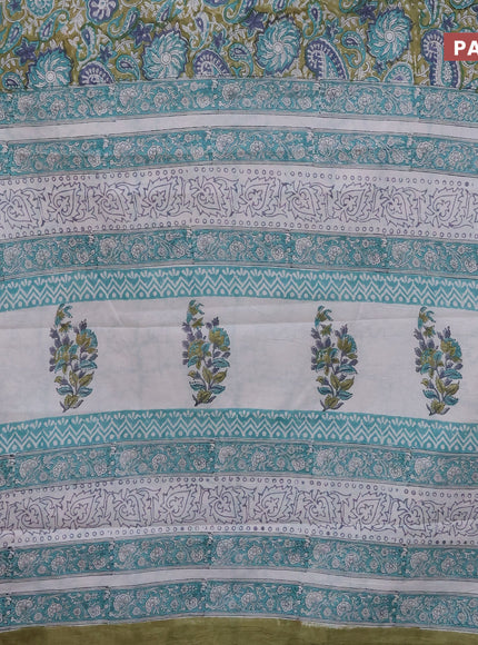 Jaipur cotton saree mehendi green and off white with allover kalamkari prints and printed border